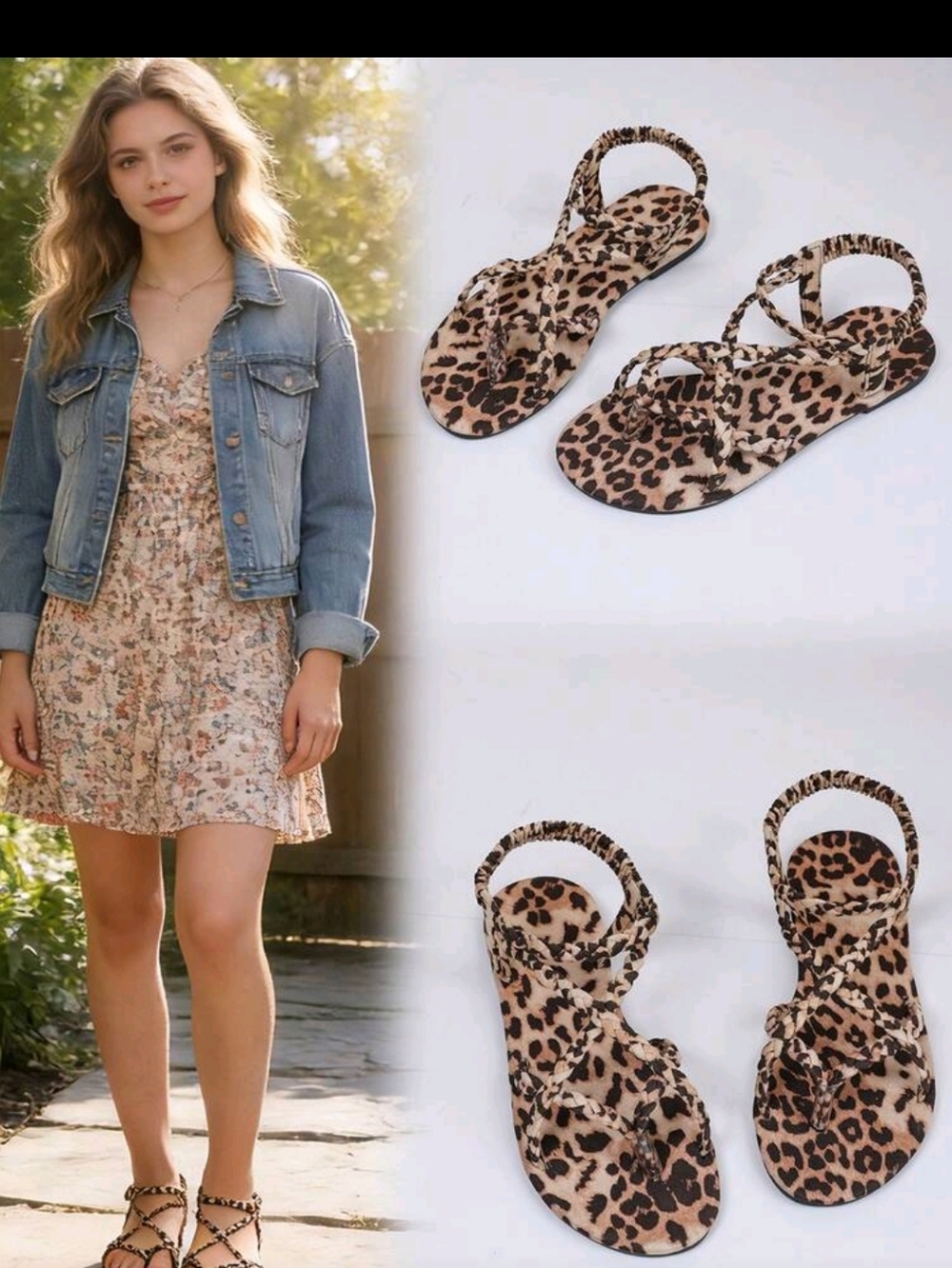 Leopard Print Strappy Flat Sandals - Tan/Black - Picture 3 of 6